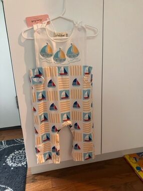 Sailboat Appliqué One-Piece Romper in White & Yellow by Marie Nicole NWT